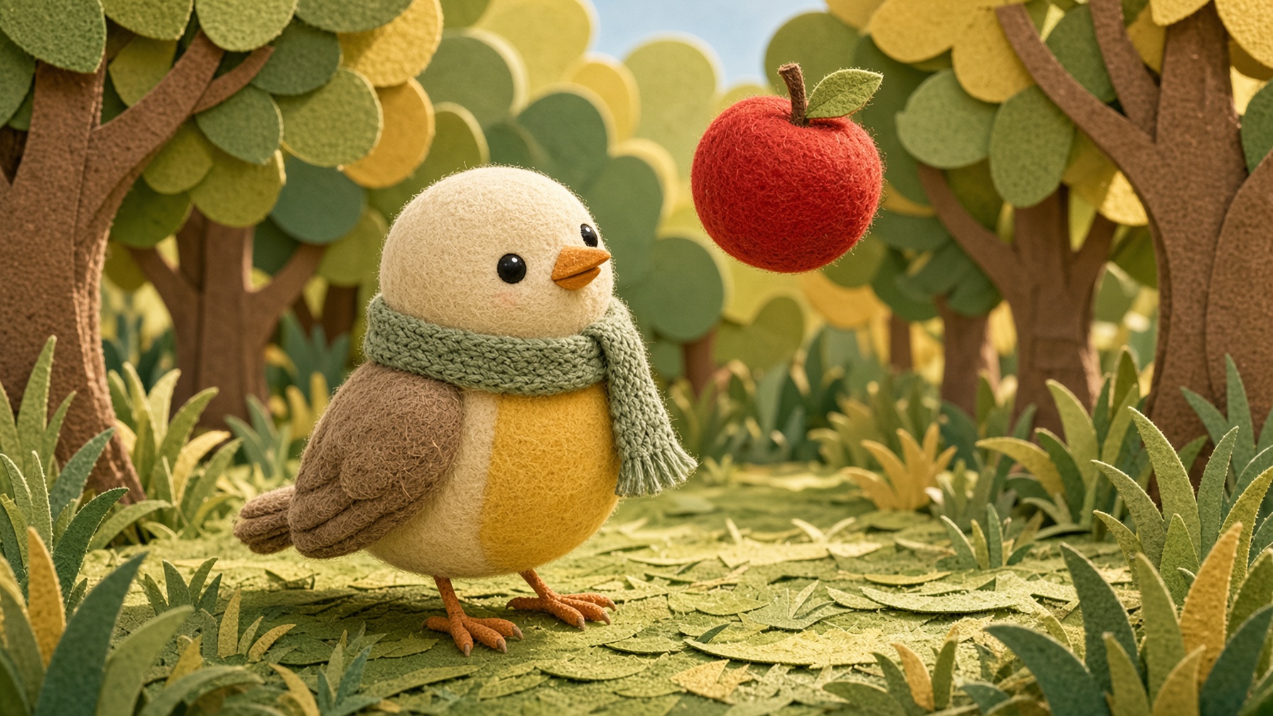 Pip watching a red apple fall through the air toward the grass.