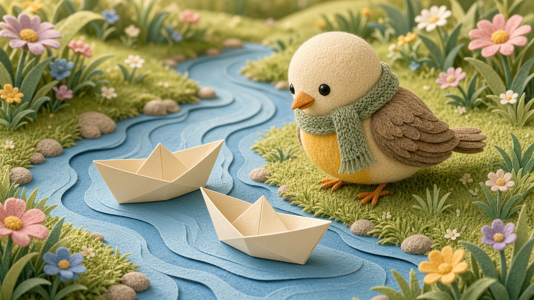 Pip watching two blank paper boats float on a gentle stream.