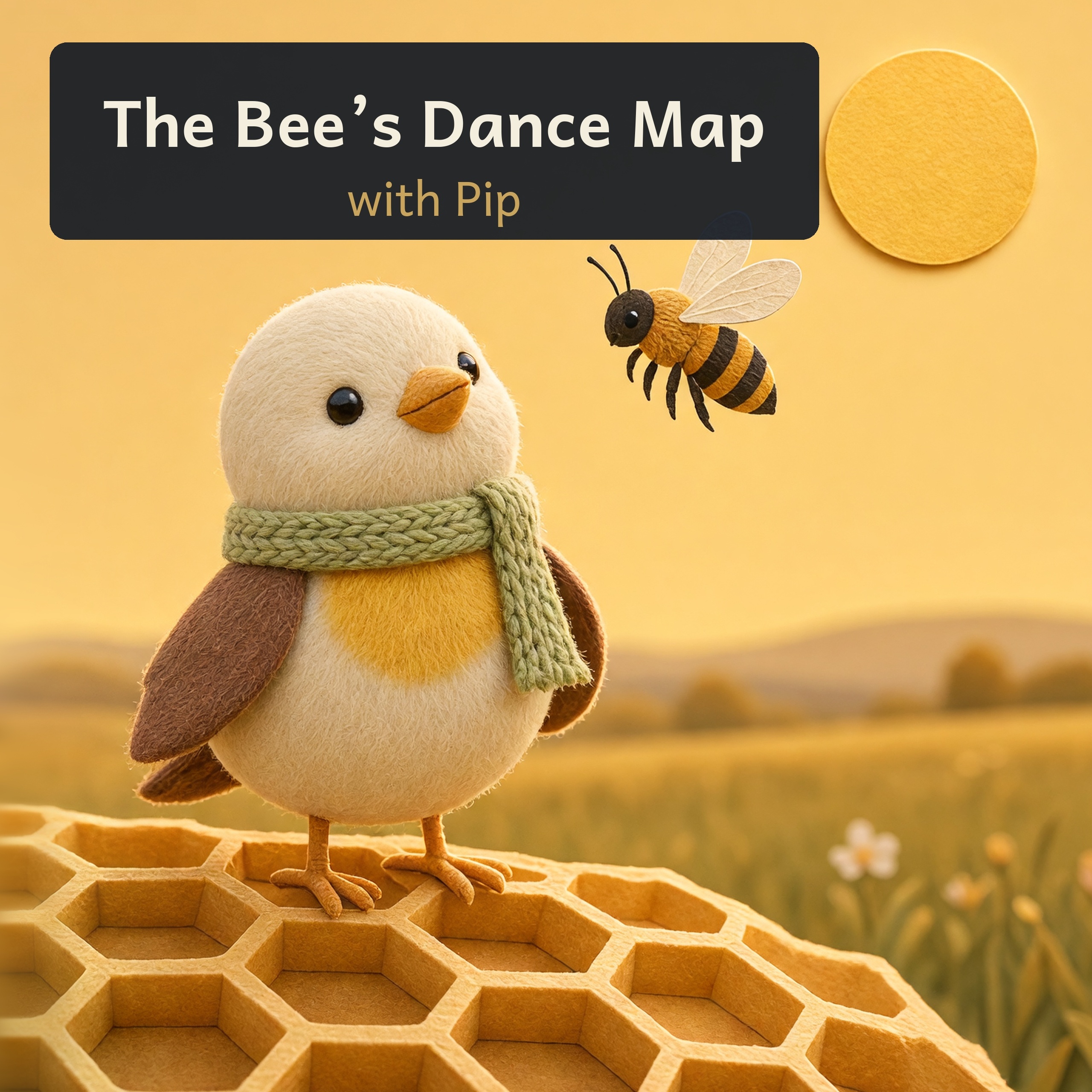 The Bee's Dance Map with Pip. Pip the songbird stands on a felt honeycomb while a honeybee flies nearby.
