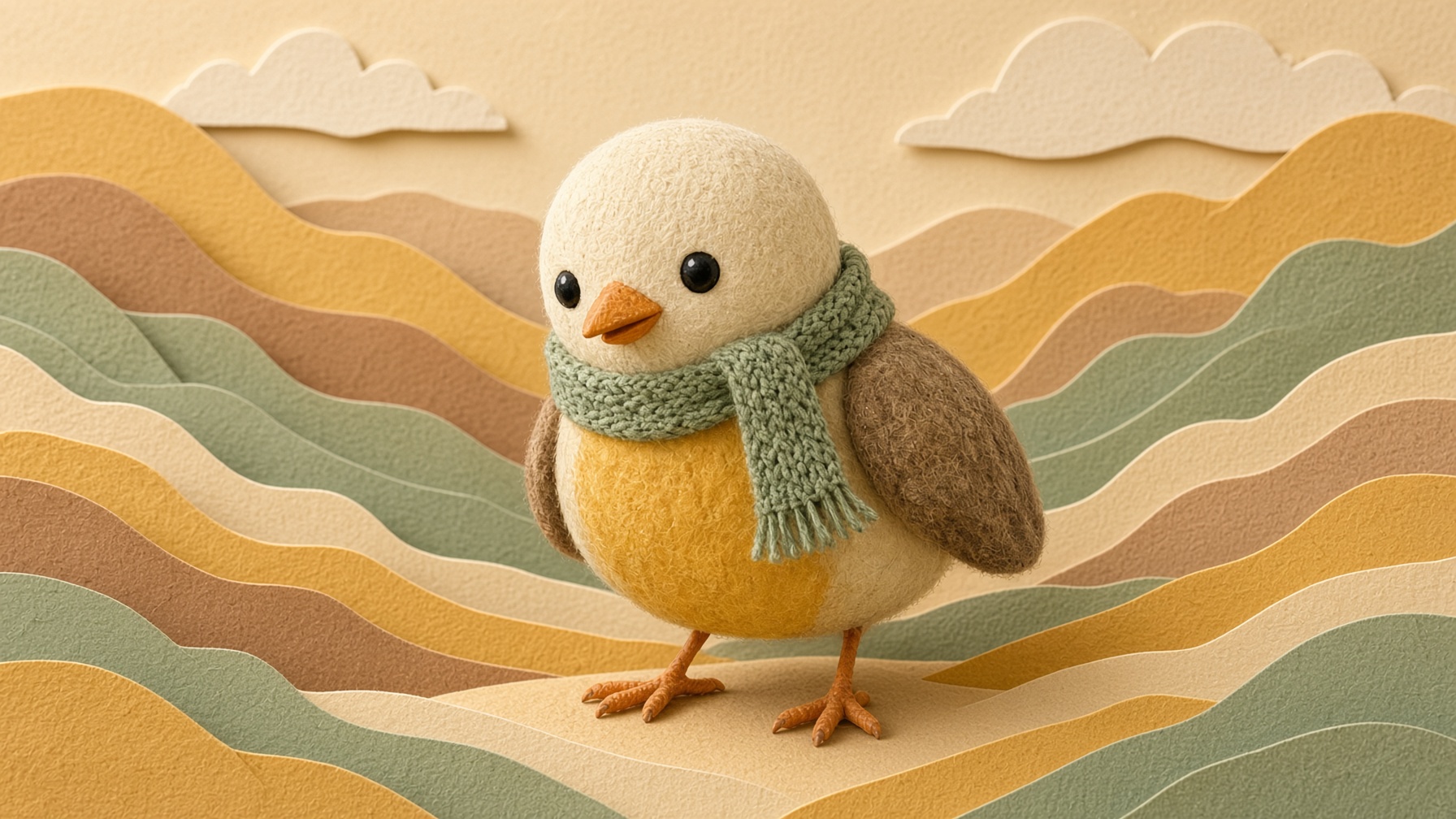 A small Pip standing before tall layered hills in cream, mustard, and sage.