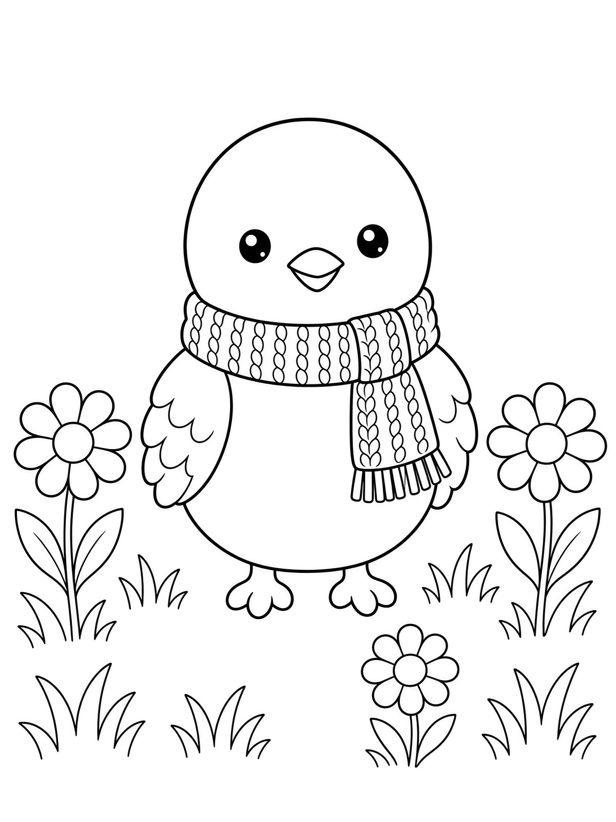Line drawing of Pip the songbird among daisies, ready to color.