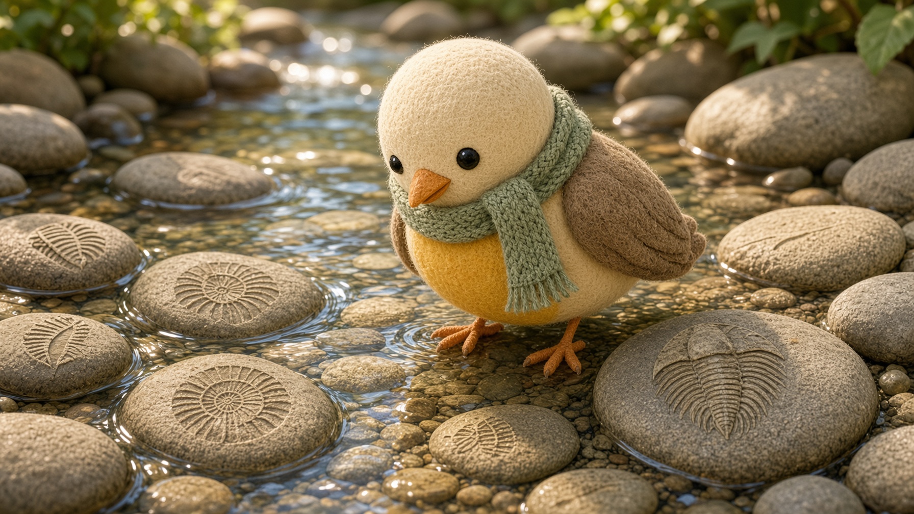 Pip at the edge of a shallow sunny creek, looking at smooth stones.