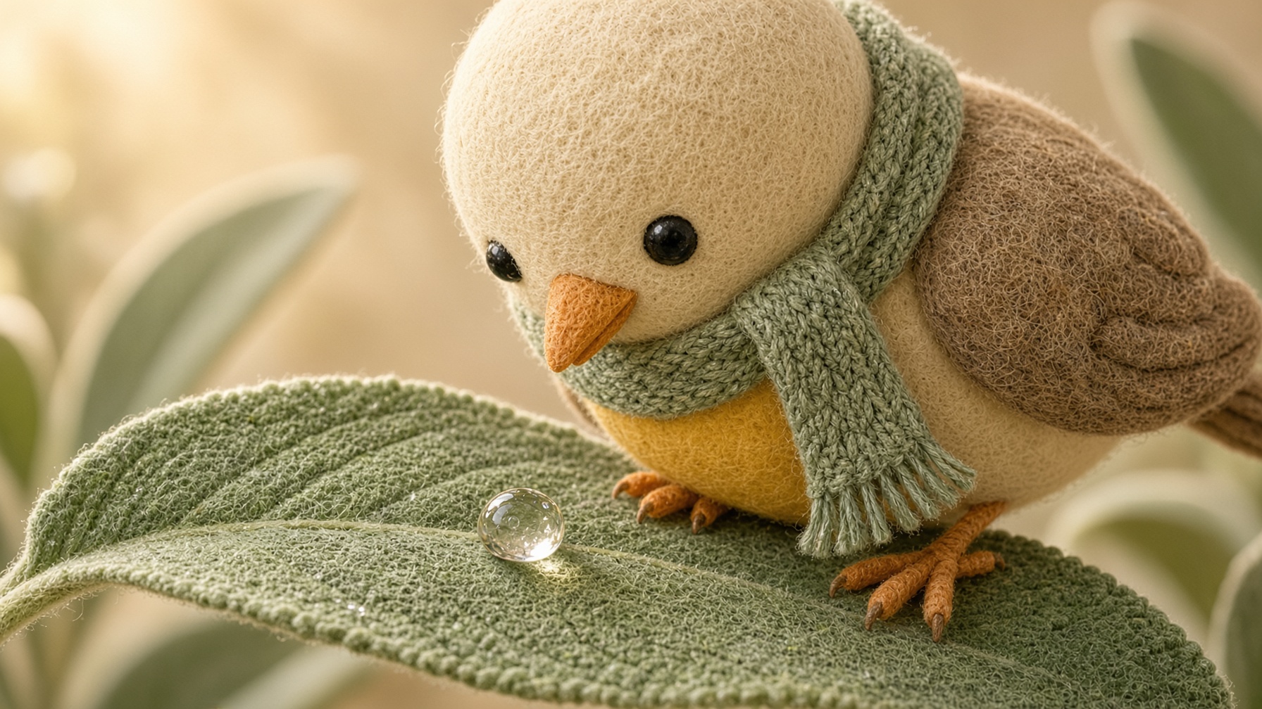 Pip peering closely at a dewdrop on a leaf.