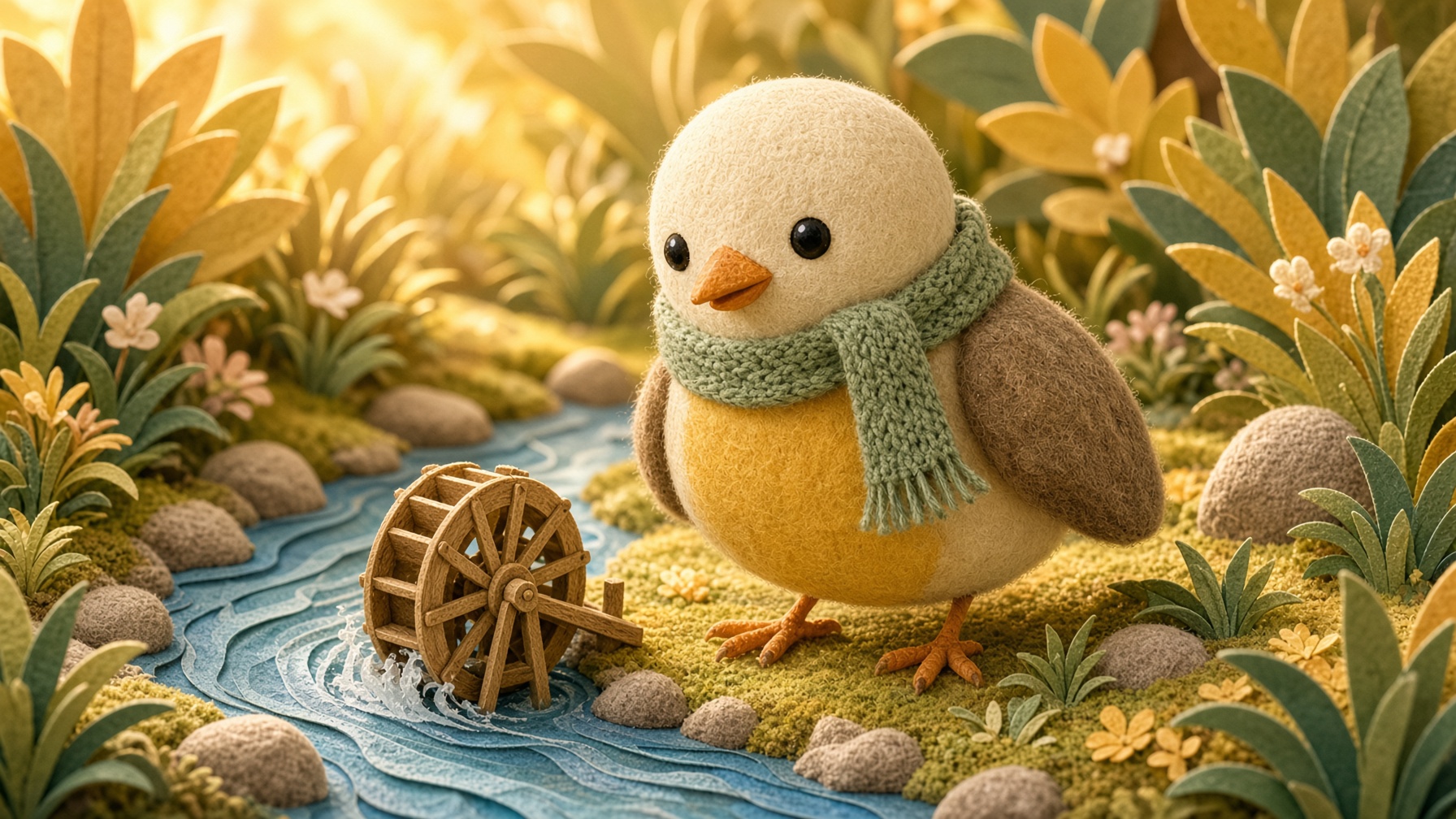 Pip in warm sunlight beside leaves and a tiny wooden water wheel.