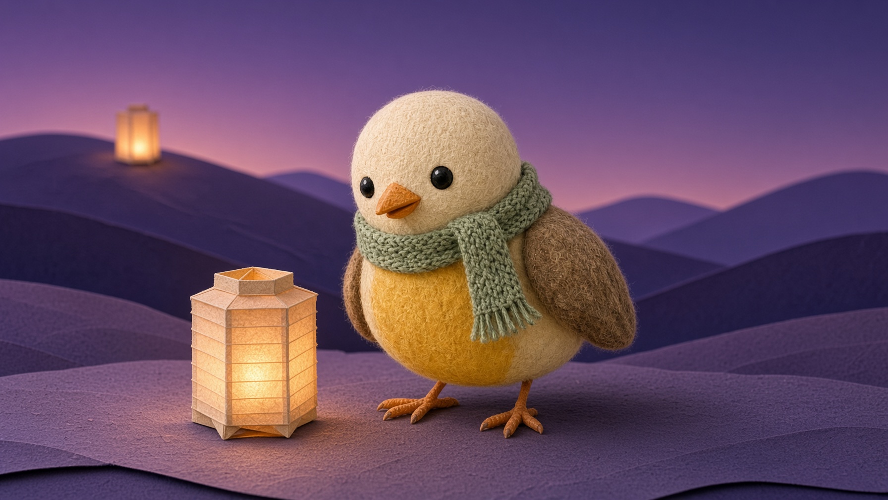 Pip beside a small lantern at dusk, looking toward a far hill with another warm light.