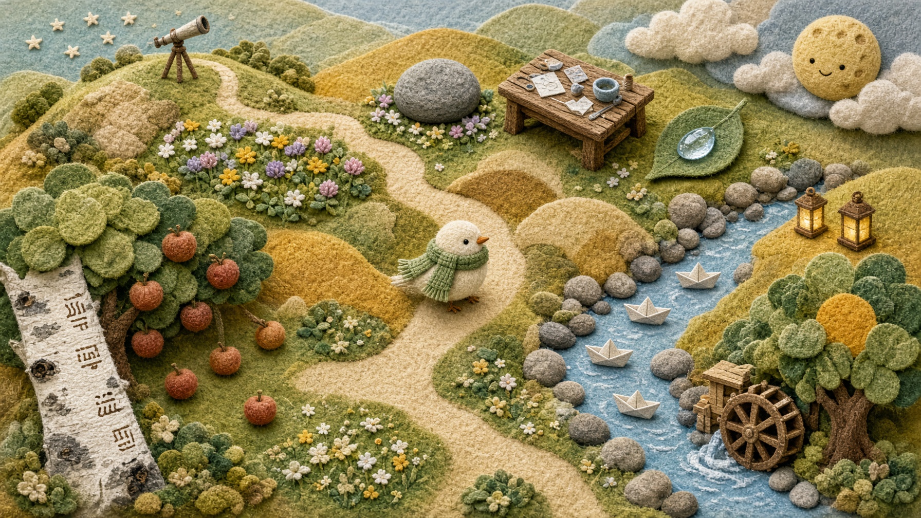 A felt map of hills, meadows, water, and a winding path, with Pip in a sage scarf.