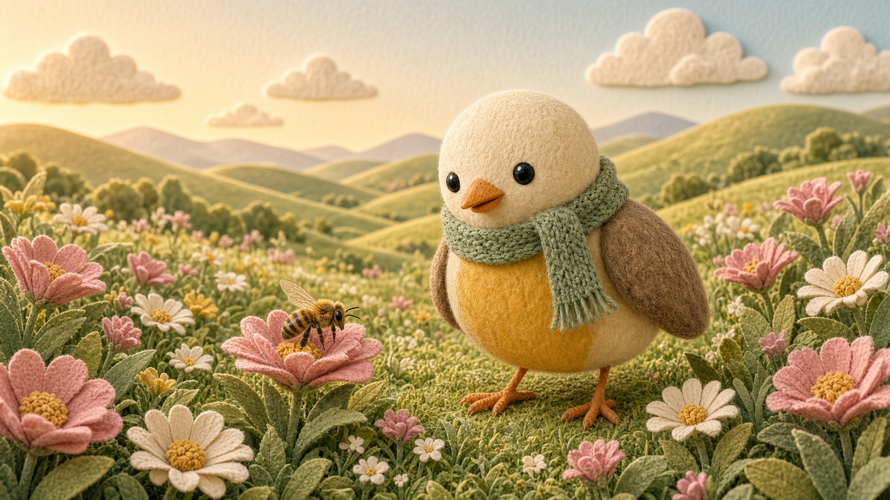 Pip the songbird standing in a wide sunny clover meadow, sage scarf on, with one honeybee on a flower nearby.