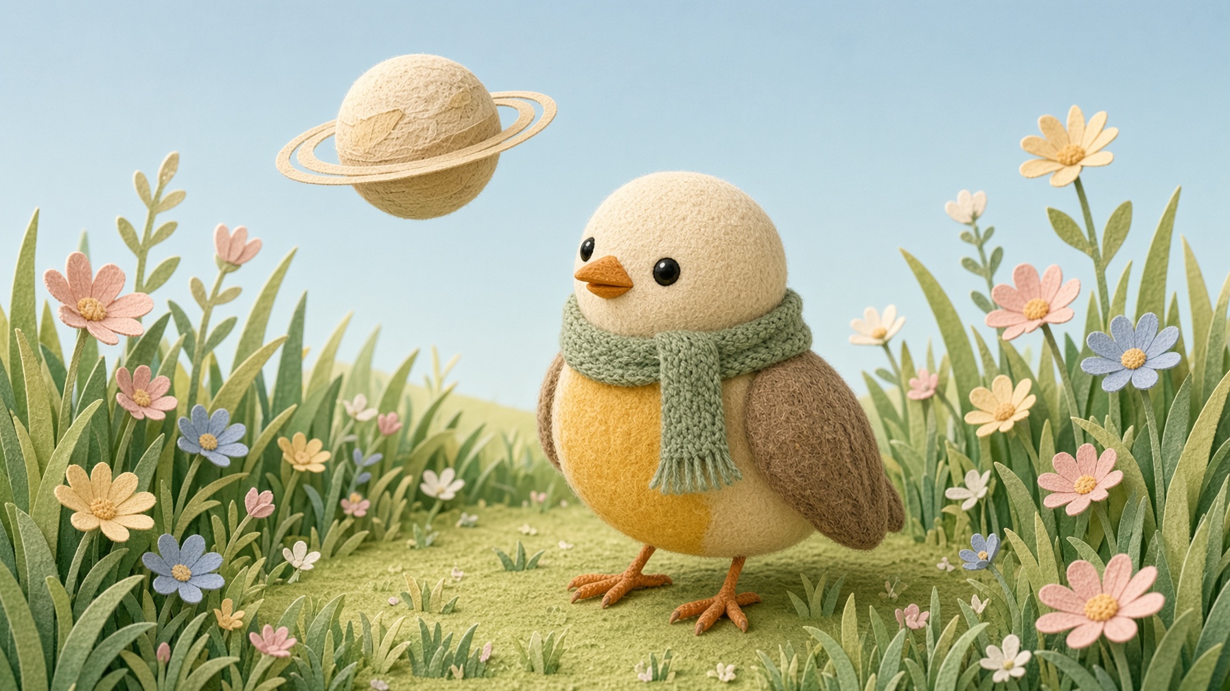 Pip in a meadow looking up at a small friendly planet in a pale blue sky.