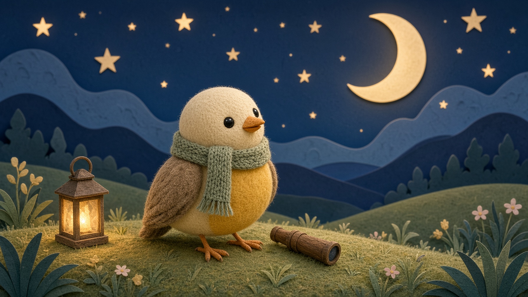 Pip on a grassy hill at night, beside a small wooden telescope, under a soft starry sky.
