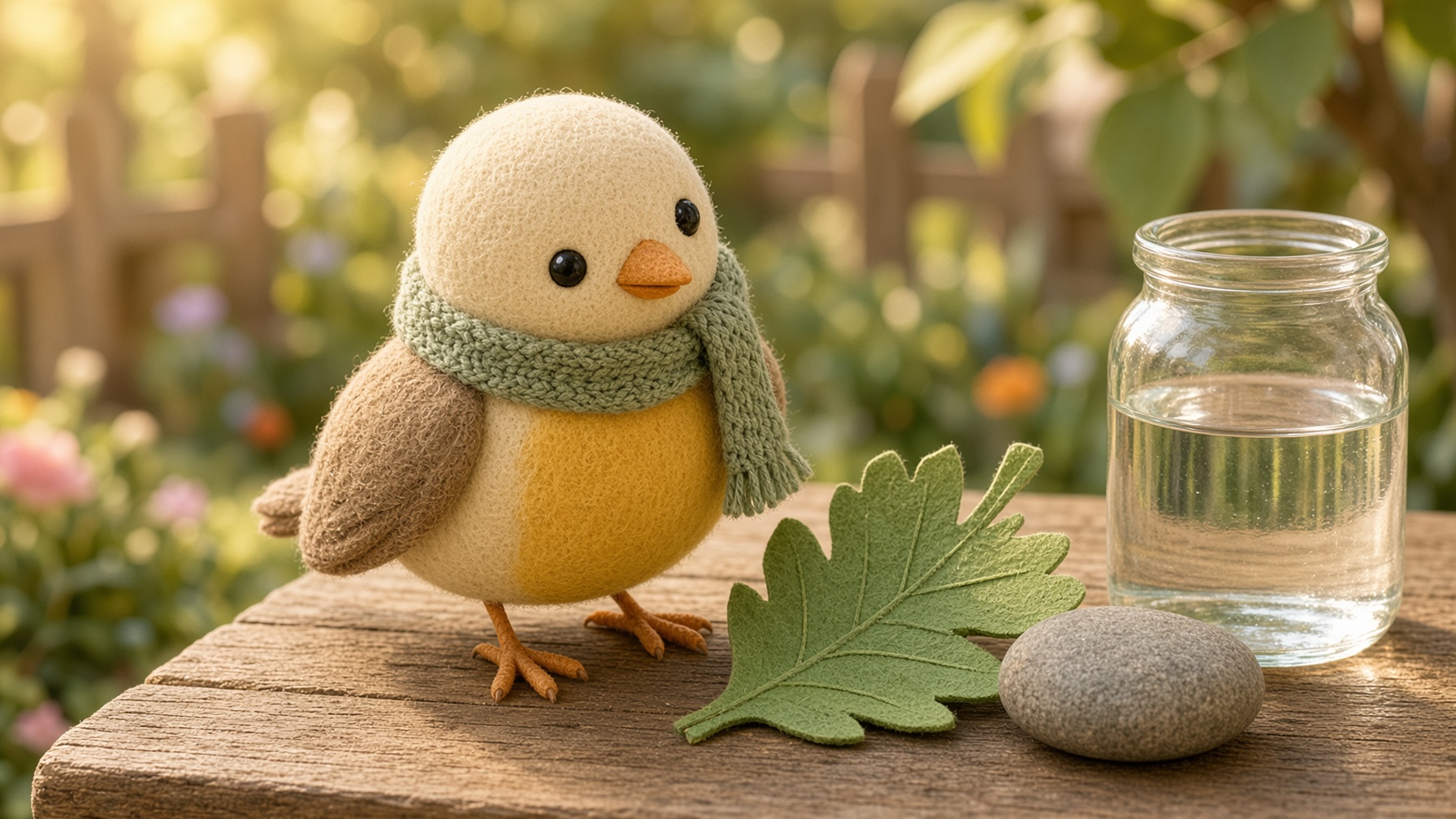 Pip at a low wooden table outdoors, beside a leaf, a smooth stone, and a jar of water.