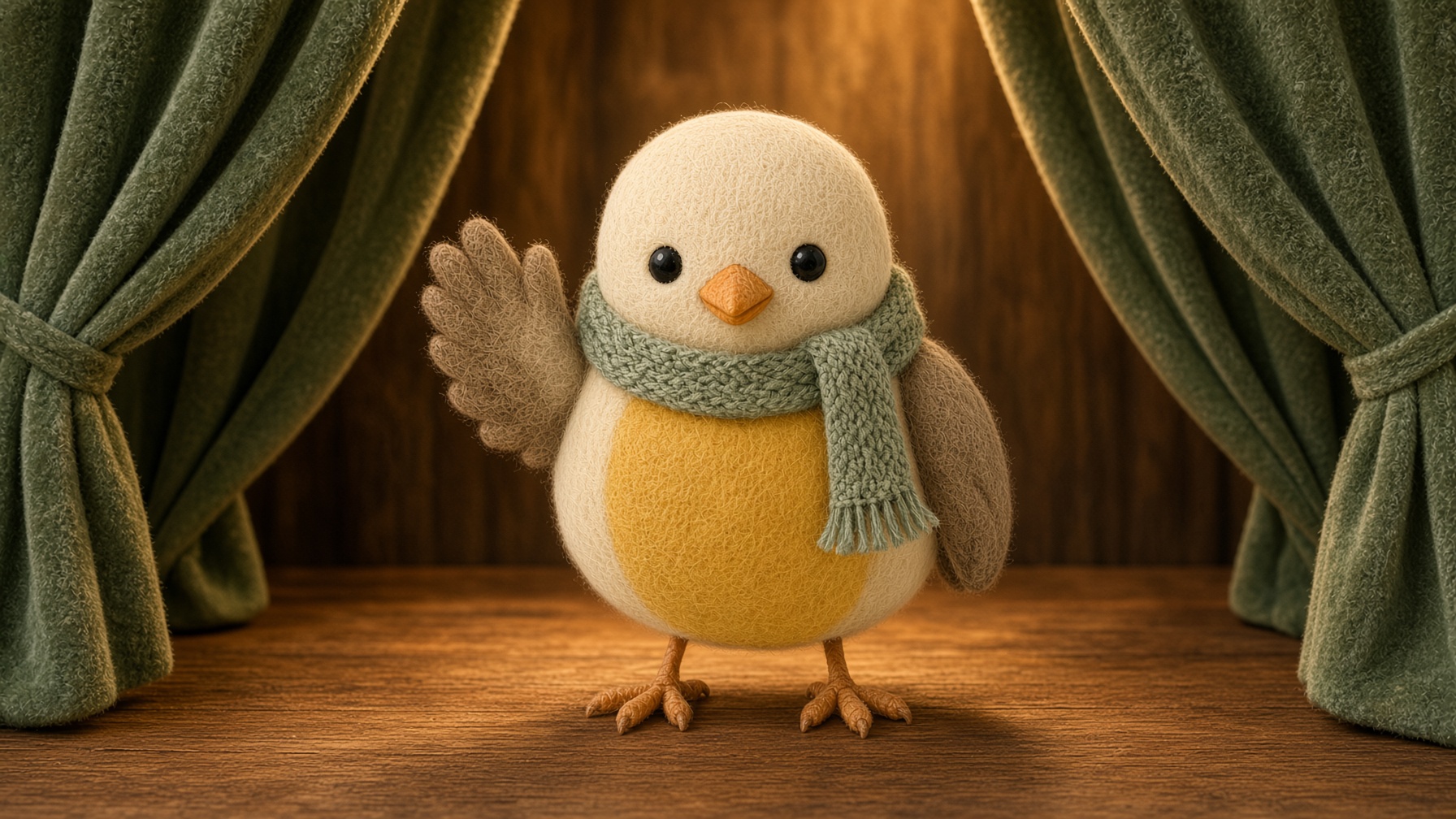 Pip the songbird on a small felt stage, sage curtains parted, a sign that says coming soon.